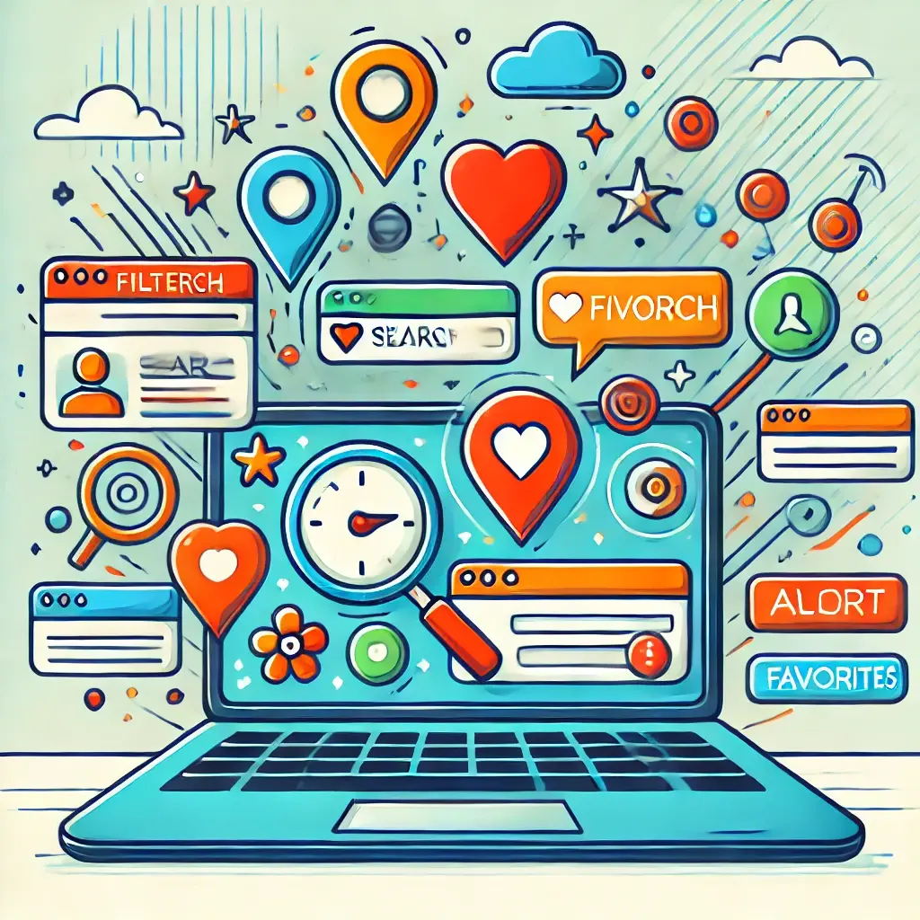 Dall e 2024 08 19 11 01 05 an engaging and vibrant illustration representing job search tools and techniques the image should include elements like filters search bars heart