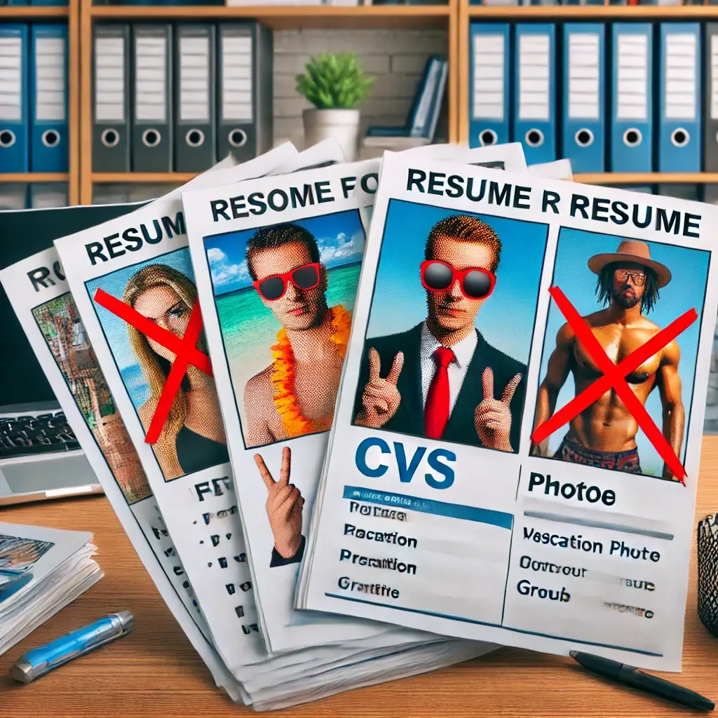 Dall e 2024 08 19 11 01 17 a humorous and professional image showing a stack of cvs with exaggerated red crosses over photos that are clearly inappropriate for a resume these