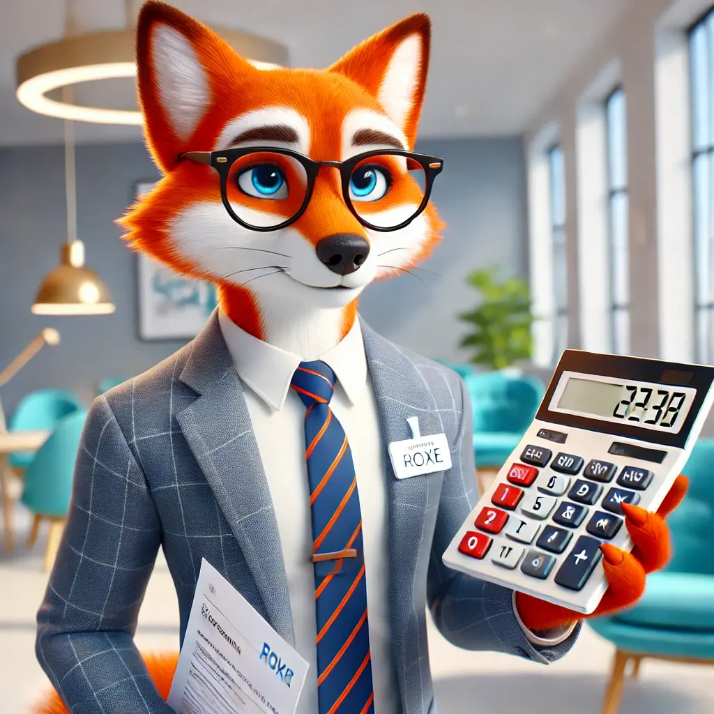 Dall e 2024 10 14 20 00 42 a modern 3d animated anthropomorphic fox dressed in business attire with a confident expression holding a calculator and reviewing paperwork repres