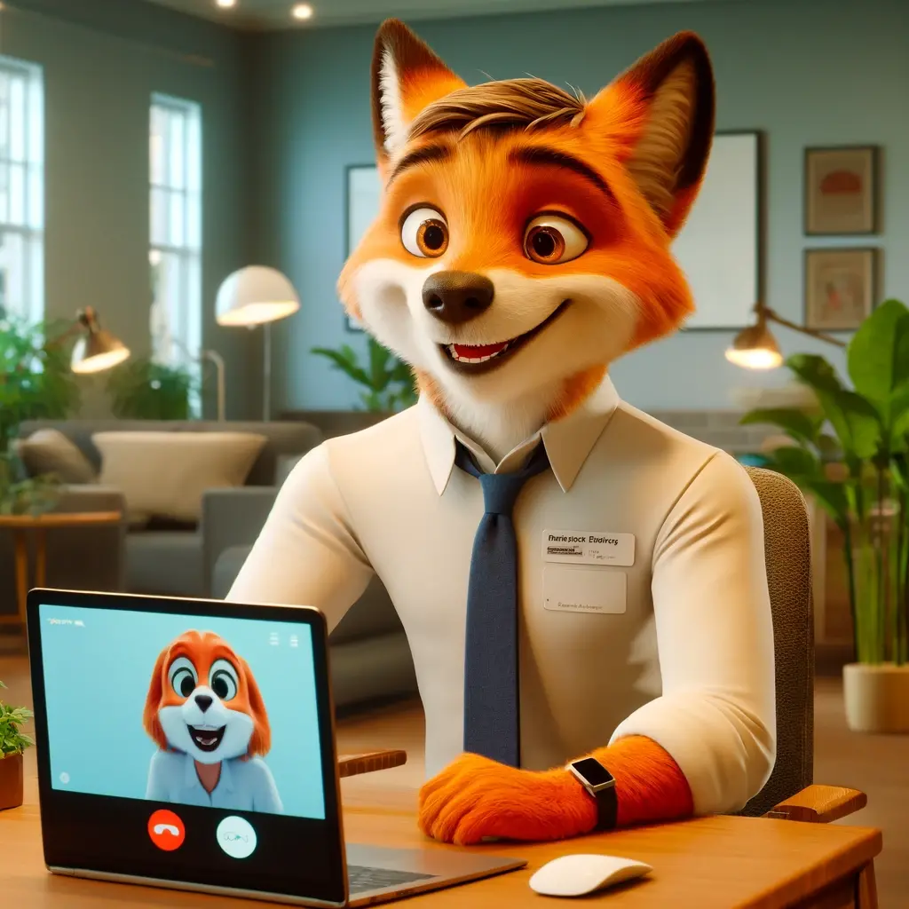 Dall e 2024 10 14 20 01 17 a modern 3d animated anthropomorphic fox dressed in a casual yet professional outfit sitting at a desk with a laptop engaged in a video call and s