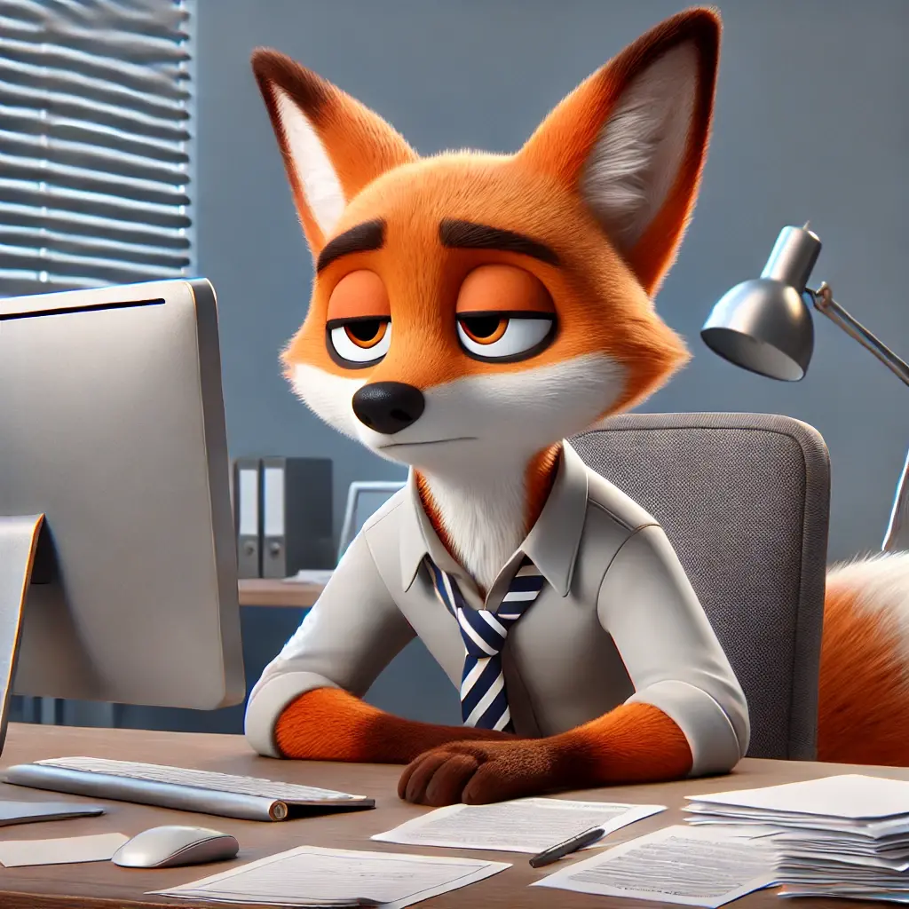 Dall e 2024 10 14 20 01 22 a modern 3d animated anthropomorphic fox sitting at a desk looking tired and unmotivated with papers and a computer around him symbolizing the brow