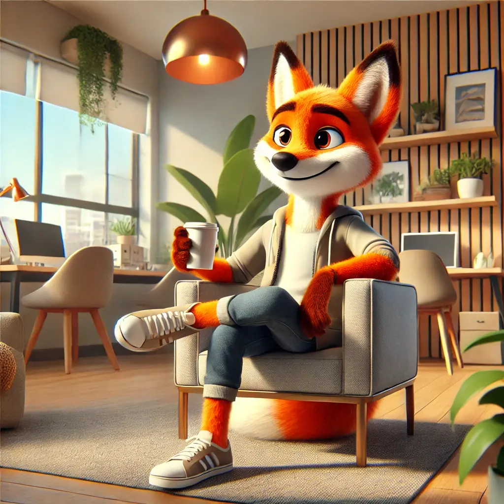 Dall e 2024 10 14 20 01 27 a modern 3d animated anthropomorphic fox looking relaxed and happy sitting in a comfortable office space with plants cozy furniture and natural li