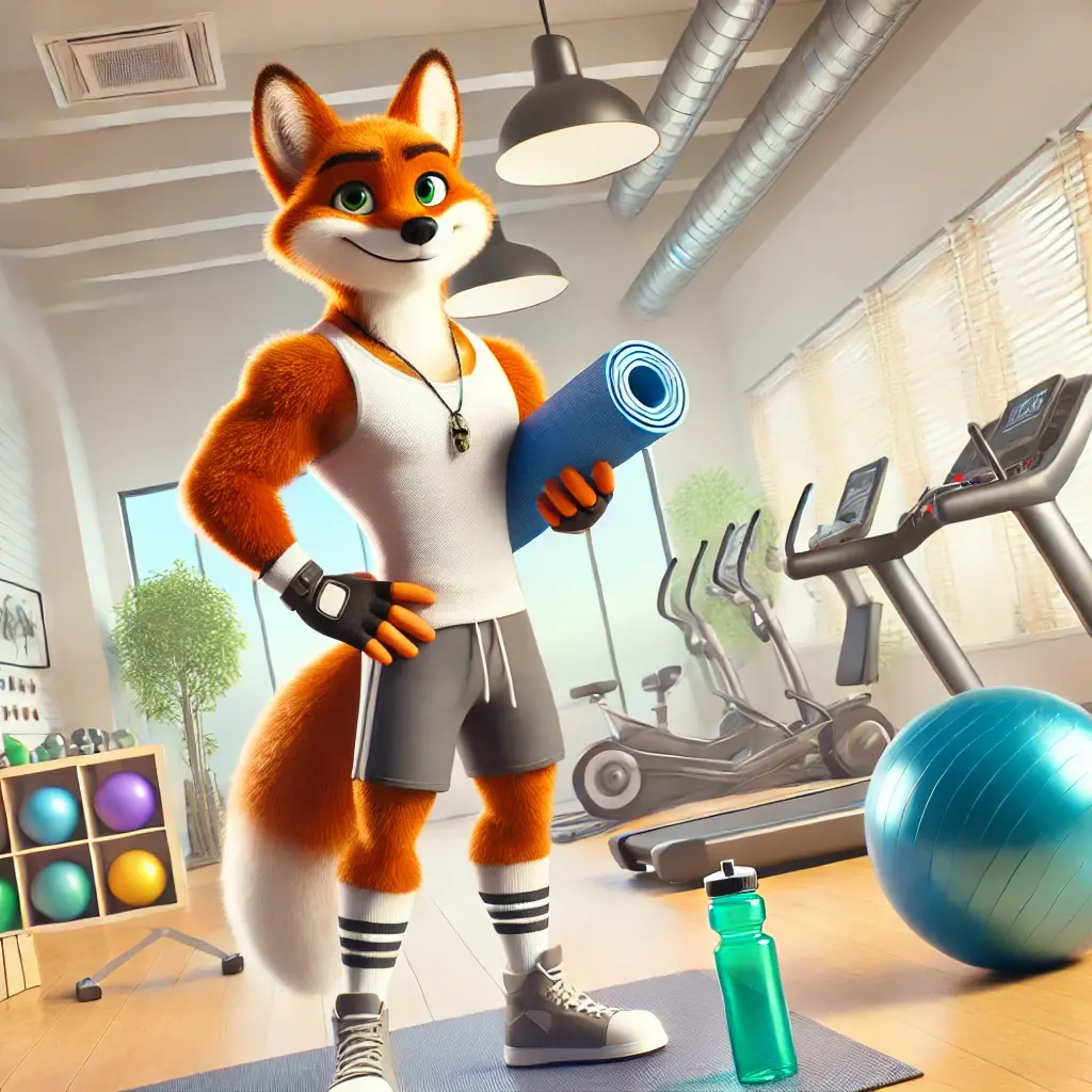 Dall e 2024 10 14 20 01 33 a modern 3d animated anthropomorphic fox dressed in athletic gear holding a yoga mat and a water bottle standing in a bright modern office with ex
