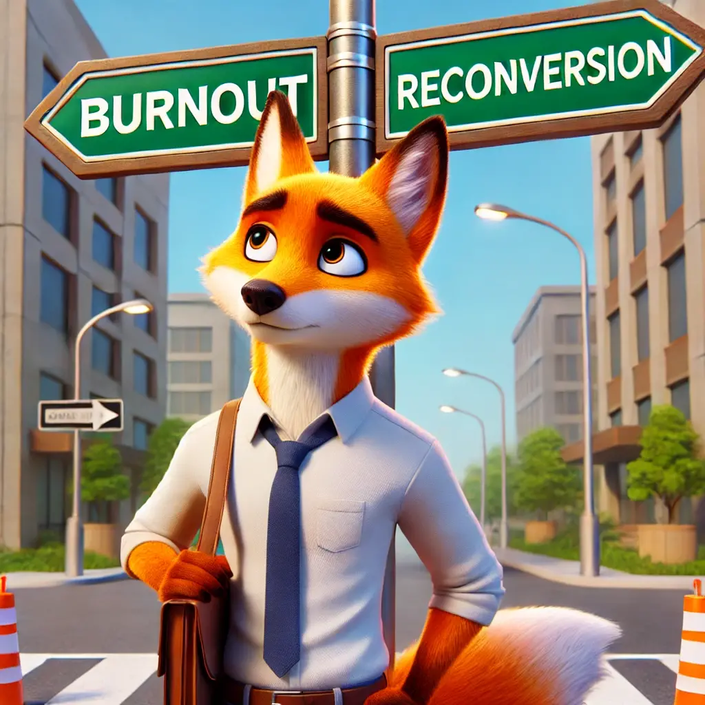 Dall e 2024 10 14 20 01 40 a modern 3d animated anthropomorphic fox looking tired but hopeful standing at a crossroads sign one direction labeled burnout and the other labe
