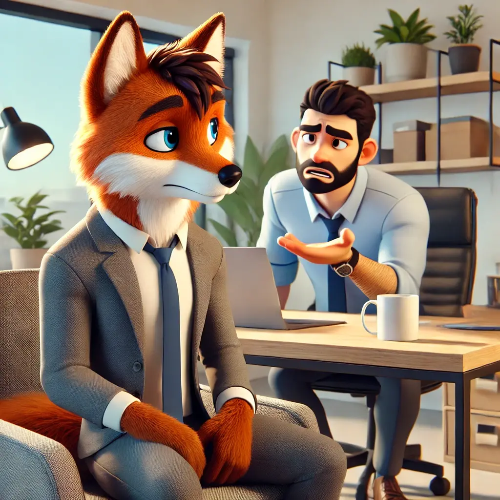 Dall e 2024 11 18 11 22 31 an anthropomorphic fox in a modern 3d animated style sitting in a stylish office setting the fox is wearing business casual attire looking thoughtf