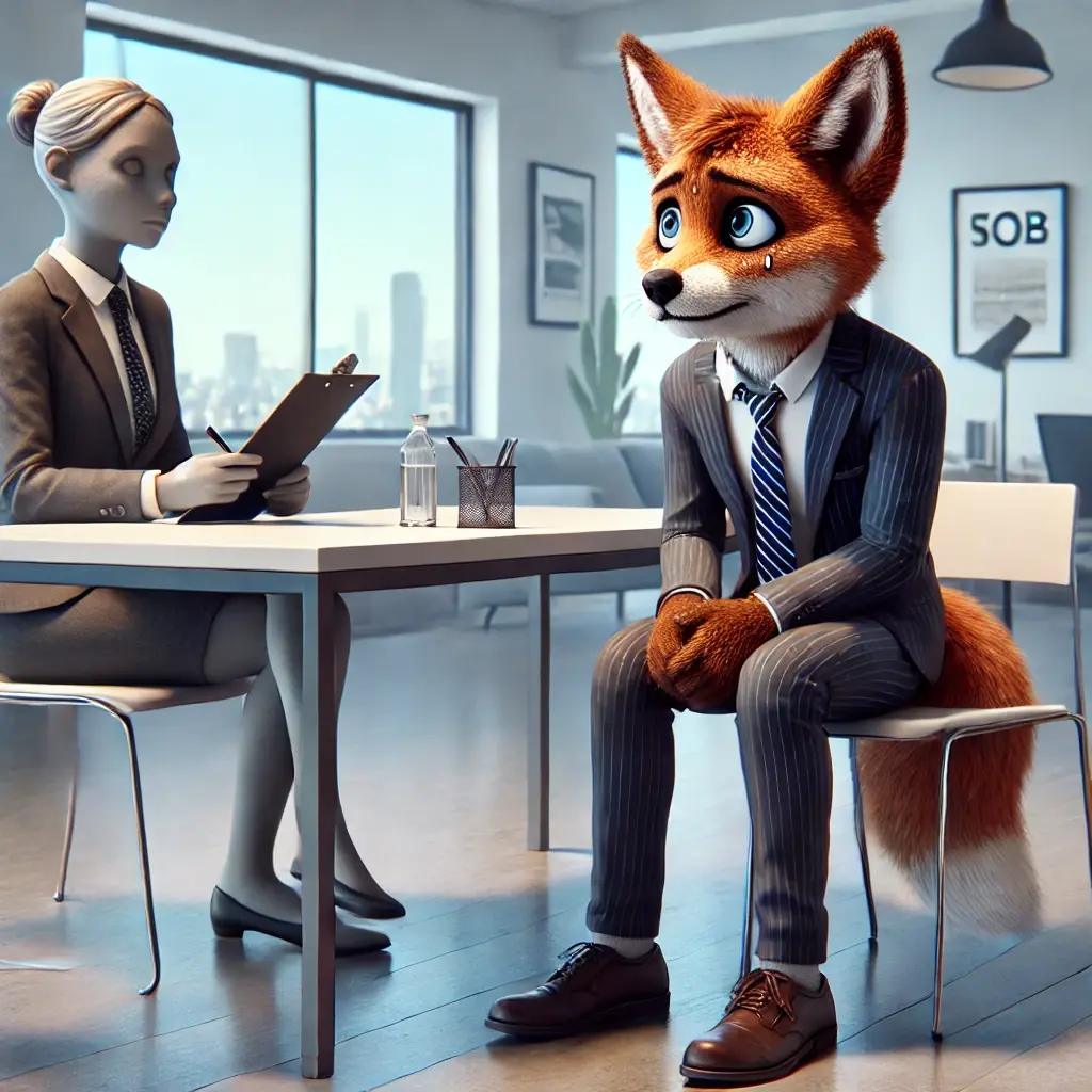 Dall e 2024 11 18 11 30 21 a tense and stressful job interview scene a modern 3d animated anthropomorphic fox dressed in business attire sits across a desk from an interview