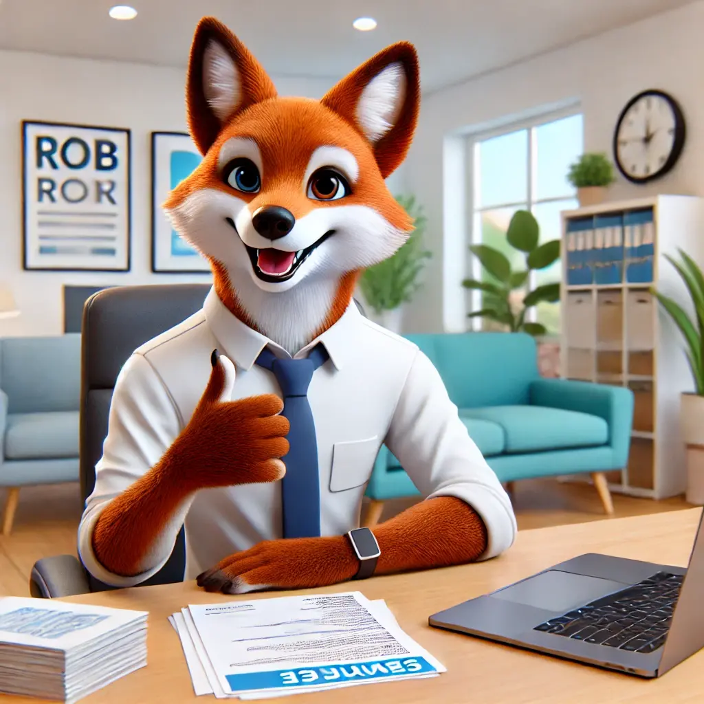 Dall e 2024 11 23 10 52 30 a modern 3d anthropomorphic fox in casual attire sitting confidently at a desk in an office smiling and holding a thumbs up gesture with a stack of