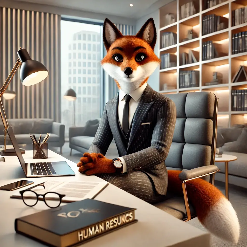 Dall e 2024 12 26 12 18 22 a modern animated 3d anthropomorphic fox character sitting at a professional desk the fox wears a sharp business suit and is surrounded by books a