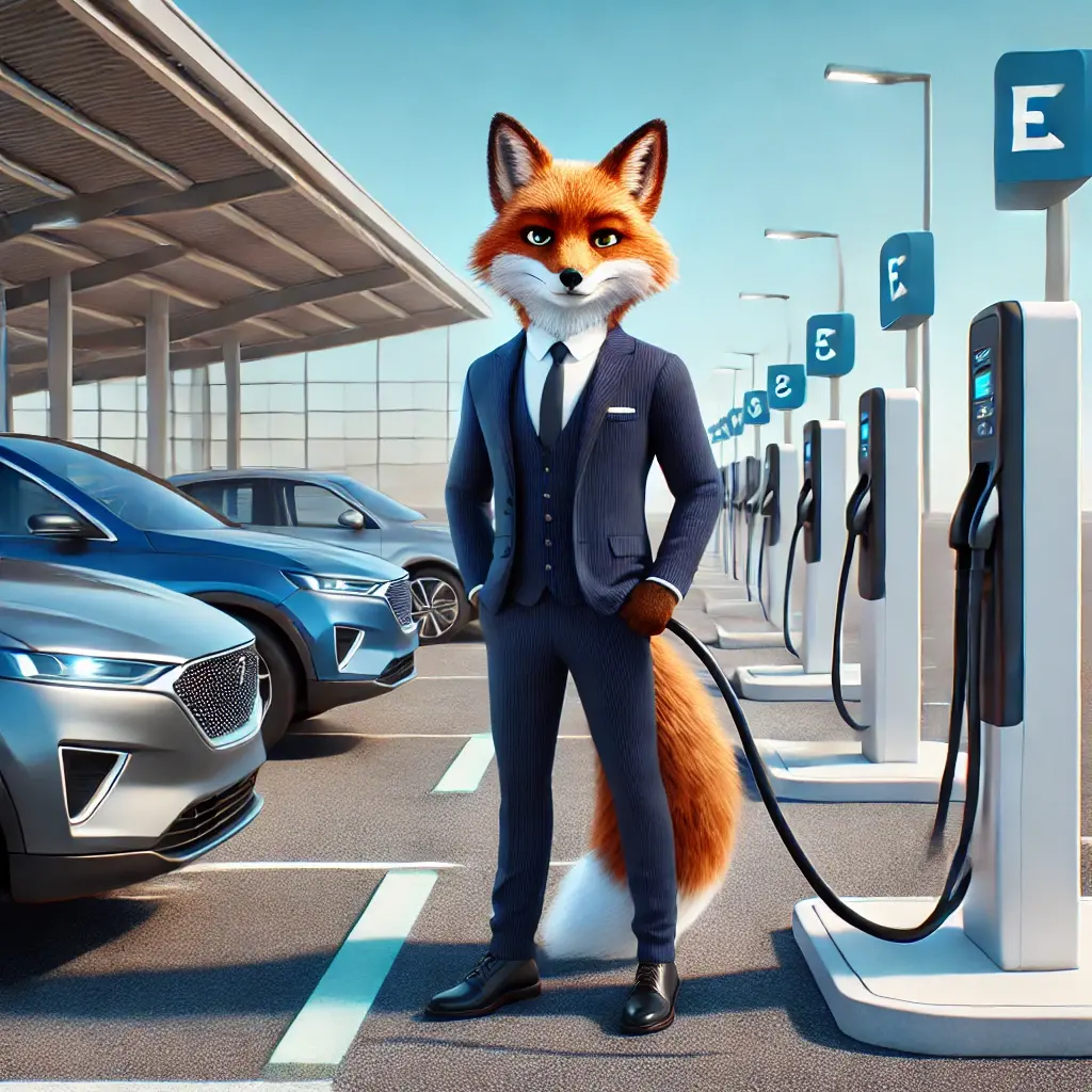 Dall e 2025 01 03 15 33 18 an anthropomorphic fox wearing a business suit standing confidently in a modern parking lot equipped with electric vehicle charging stations the fox