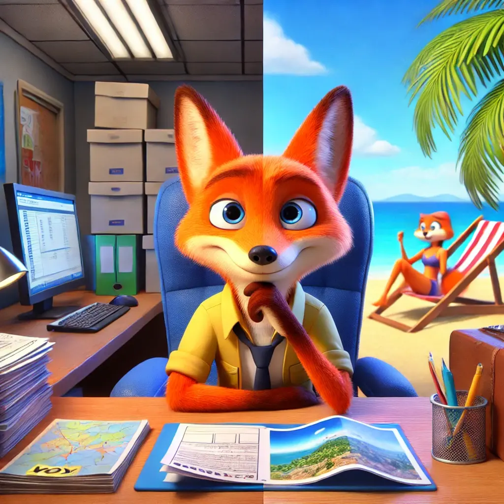 Dall e 2025 01 26 16 58 55 a 3d animated anthropomorphic fox styled in a pixar like design sitting at a desk with work documents on one side and a travel guide with a map on t