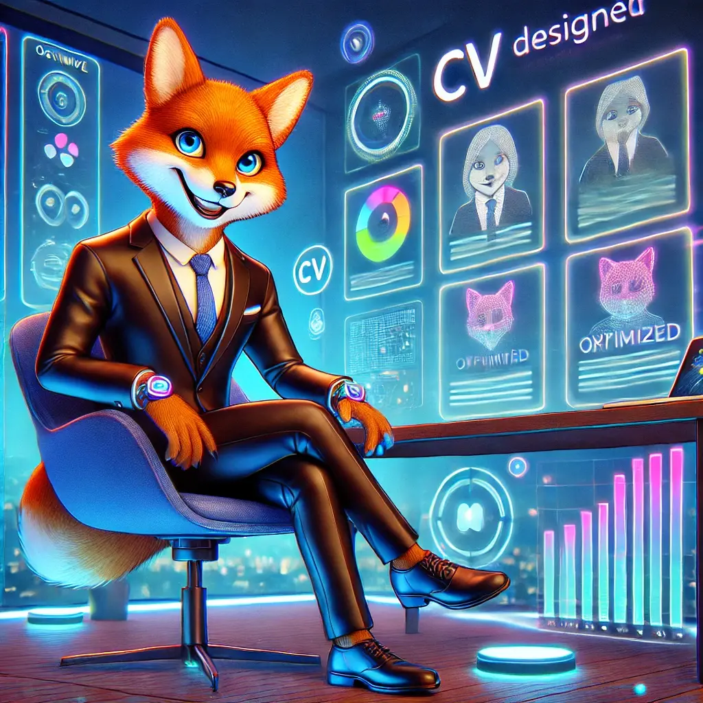 Dall e 2025 01 26 17 01 16 a vibrant 3d illustration of an anthropomorphic fox in a sleek business outfit sitting at a modern desk surrounded by floating holographic cv designs