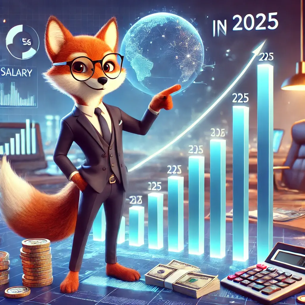 Dall e 2025 01 26 17 11 29 a 3d animated anthropomorphic fox in a business suit standing confidently in front of a chart showing salary increases the fox is pointing at a glow